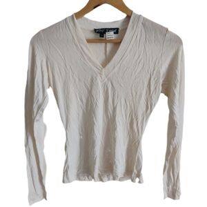 Betsey Johnson Silk White V-neck Long Sleeve Shirt